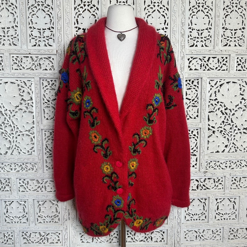 Vintage Cervelle Red Embroidered Wool Blend Chunky Oversized Longline‎ Cardigan